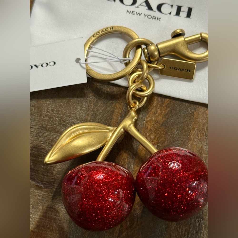 NWT Coach Cherry Glitter Gold Tone Keychain Bag Charm NWT - Picture 3 of 5